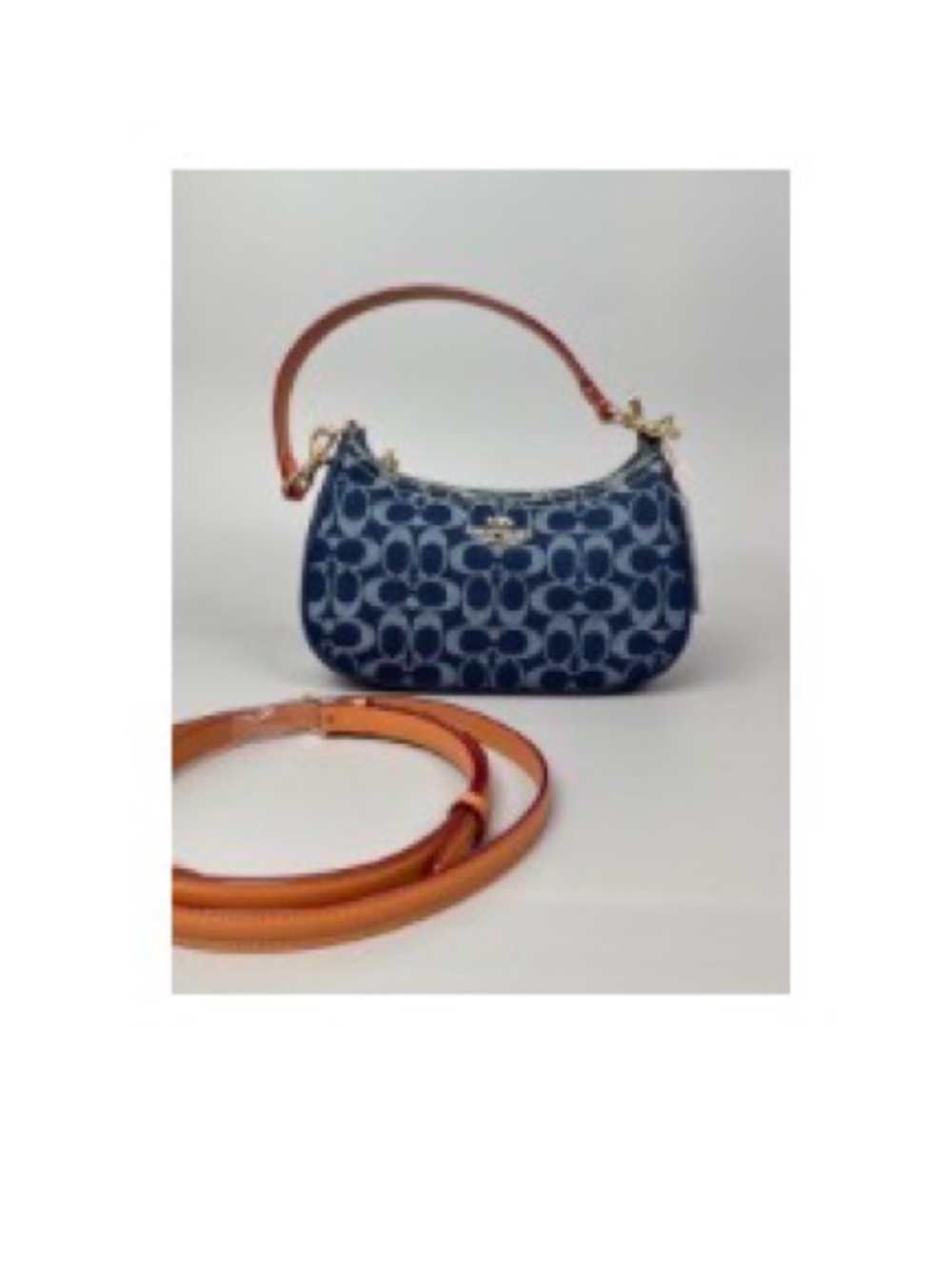 Coach Navy Logo Jacquard Mini Shoulder Bag with Tan Strap - Picture 5 of 5